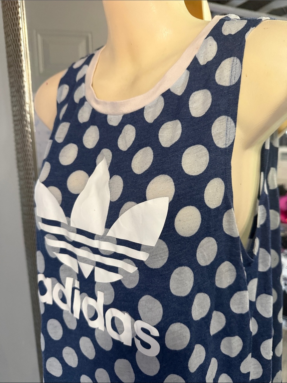 adidas Navy and White Polka Dot Trefoil Tank